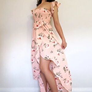 Pink floral off the shoulder high low maxi dress